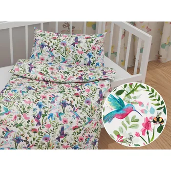 Povlečení Dětské bavlněné povlečení do postýlky Sandra SA-495 Duhoví kolibříci mezi květy Do postýlky 90x140 a 50x70 cm