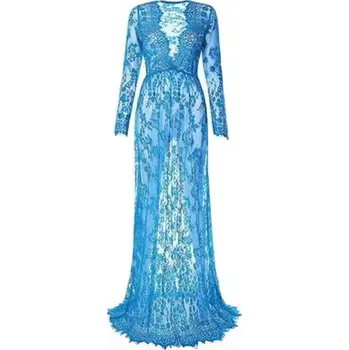 Dámské šaty Krajkové šaty s dlouhým rukávem na těhotenské focení (8 barevných variant) Barva: modrá, Velikost: 4XL