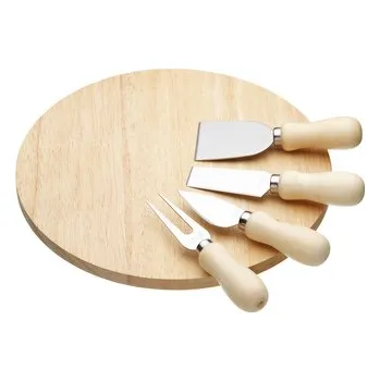 Kuchyňské prkénko Kulaté dřevěné prkénko na sýr s noži a vidličkou