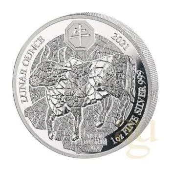 1 unce stříbrná mince Rwanda Lunar vůl 2021 - leštěná deska