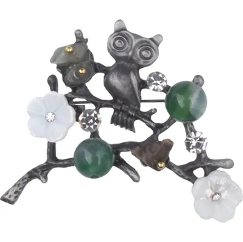 Brož Brož- sova na větvičce, s korálky a zirkony, zelená barva 9001774-3