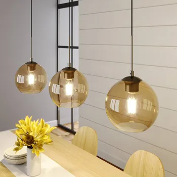 Závěsné svítidlo Lindby Sofian, jantarová barva, sklo, 100 cm, 3 světla. - Stříška - délka 90 cm, šířka 6 cm, výška 2,5 cm jantar, stará mosaz 3 x 60 W - Doprava zdarma