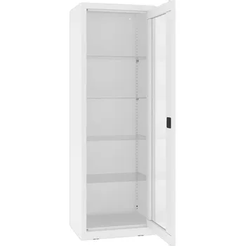 Kovová skříň s prosklenými dveřmi, kovové police, jednokřídlé dveře, š x h x v: 600x435x1800 mm, barva bílá RAL9010
