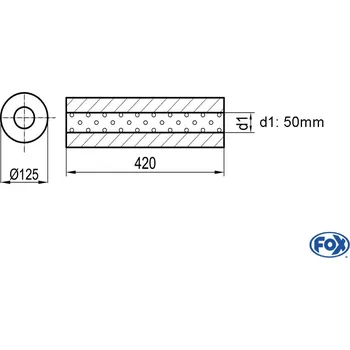 Tlumič výfuku univerzální tlumič hluku kulatý bez trubkového spojení - Ø 125mm d1Ø 50 FOX Z/Sonder385