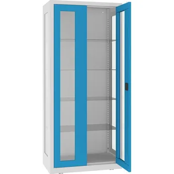 Kovová skříň s prosklenými dveřmi i boky, kovové police, dvoukřídlé dveře, š x h x v: 800x435x1800 mm, barva dveří modrá RAL5012