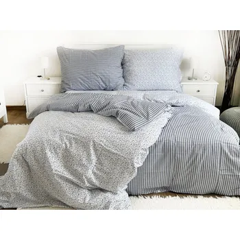 Povlečení LUXUSNÍ BAVLNĚNÉ POVLEČENÍ DE LUXE 140x200/70x90cm KVÍTKY A PRUHY - MODRÉ