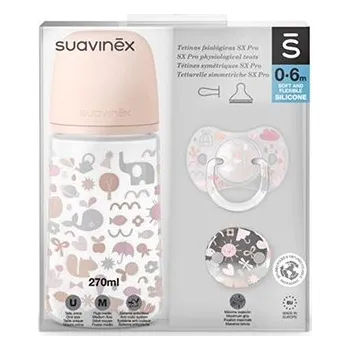SUAVINEX Sada 270ml + dudlík fyziologický 0-6 m + klip Memories Růžová