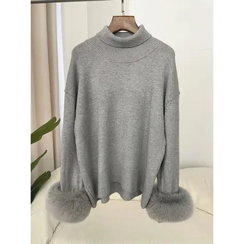 Pletený svetr rolák s pravou kožešinou Barva: Šedá, Velikost: ONE SIZE