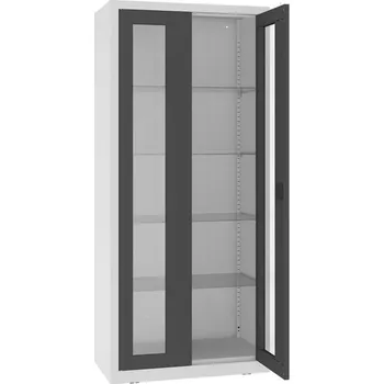 Kovová skříň s prosklenými dveřmi, kovové police, dvoukřídlé dveře, š x h x v: 800x435x1800 mm, barva dveří antracitová RAL7016