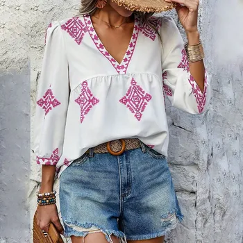 Dámská halenka Volná halenka s výstřihem a vločkami Barva: Hnědá, Velikost: XL