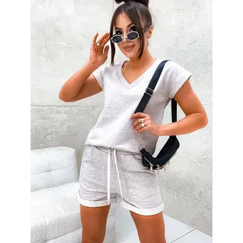 Béžový melanžový dámský letní bavlněný komplet (VE87) odstíny béžové S (36)