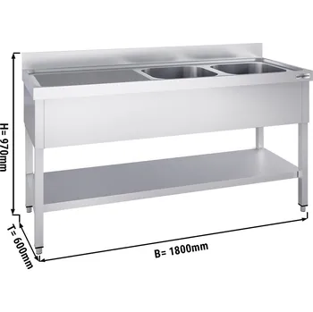 Kuchyňská skříňka G.Gastro Dřezová skříňka PREMIUM z nerezové oceli - se spodní policí - 1,8 m - 2 dřezy vpravo - D 50 x Š 40 x H 25 cm