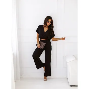 Černá dámská souprava - přeložený obálkový top a široké kalhoty (8178) odstíny černé M (38)