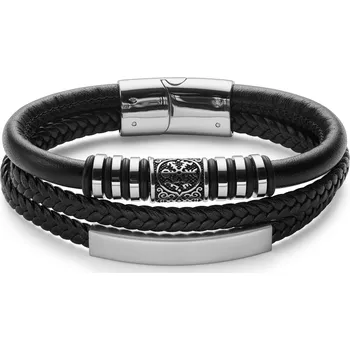 Náramek Identifikační náramek vikingský kompas z&nbsp;nerezové oceli stříbrné barvy a umělé kůže - Lucleon