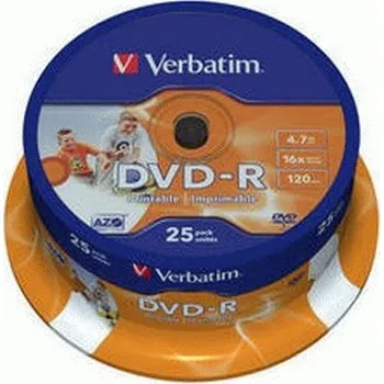 Optické médium VERBATIM DVD-R Inkjet Printable 16x/4.7GB 25ks cena za balení 25 ks