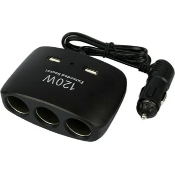Roztrojka do zásuvky autozapalovače + 2x USB černá s kabelem