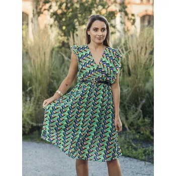 Dámské šaty BudesIN Zelené vzorované šaty Merinde s volánky na ramenou