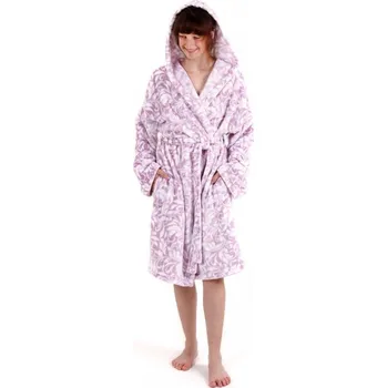 Dámský župan Dětský dlouhý župan s kapucí FLORA růžový tisk na bílé - 140