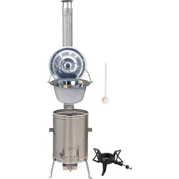 Kempingové nádobí Nerezový kotlík 22 L (0,8 mm) + nerezová kotlina 42 cm + litinový hořák 7 kW, vařečka LUX