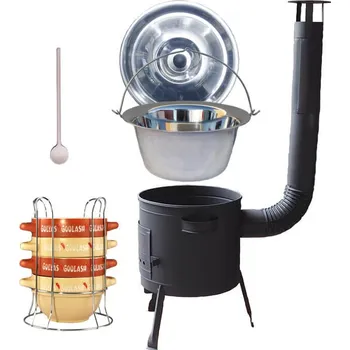 Kempingové nádobí Nerezový kotlík 22 L (0,8 mm) INOX + nízká žáruvzdorná kotlina 42 PLUS 600 + nerezová poklice + vařečka + misky na guláš 4 ks