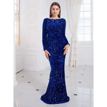 Dámské šaty Svatební flitrové šaty s dlouhým rukávem Barva: Modrá, Velikost: M