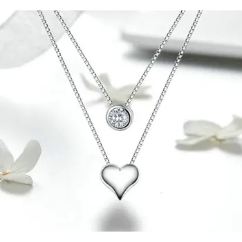 Náhrdelník B-TOP Dvojitý postříbřený náhrdelník s přívěskem Srdce a kulatého zirkonu