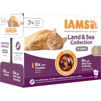 Krmivo pro kočku 12x85g IAMS Delights Senior Land & Sea Collection in Sauce - míchané balení 1 (2 příchutě)