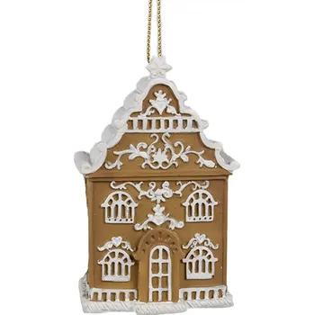 Vánoční ozdoba Hnědá vánoční ozdoba perníkový domeček s bílými okny, plotem a dveřmi – 6x4x9 cm