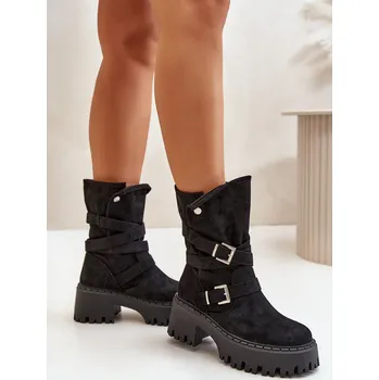 Dámské kozačky Dámské botky na masivním podpatku s přezkami a páskem Nerelisa Barva: Černá, Velikost: 39