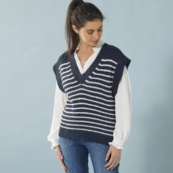 Dámská vesta Blancheporte Proužkovaná volná vesta s výstřihem do V, pro malou postavu nám.modrá/režná 42/44