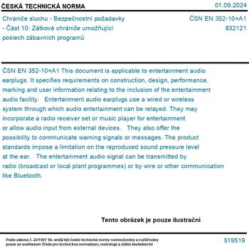 ČSN EN 352-10+A1 - Chrániče sluchu - Bezpečnostní požadavky - Část 10: Zátkové chrániče umožňující poslech zábavních programů - Tisk