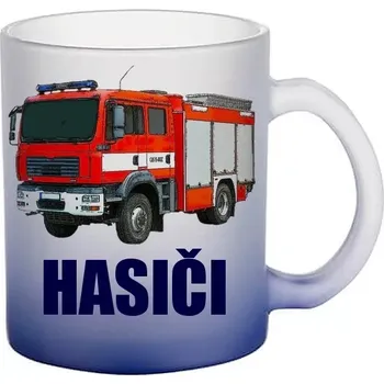 MAN CAS 15 modrý skleněný hrneček HASIČI (hrneček s hasičským autem matné sklo )