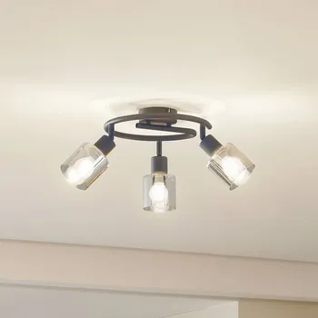 Lampička Stropní svítidlo Lindby Netty, šedé, 3 světla, sklo - Stínítka - Ø 8 cm, výška 8 cm; stříška - Ø 9 cm, výška 2,5 cm kouřově šedá, pískově černá 3 x 10 W LED - Doprava zdarma