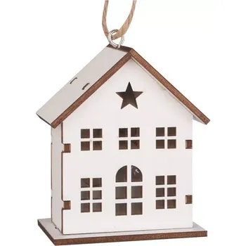 Vánoce Dřevěný domek na zavěšení bílý s LED 6 x 7 x 3,5 cm 23006