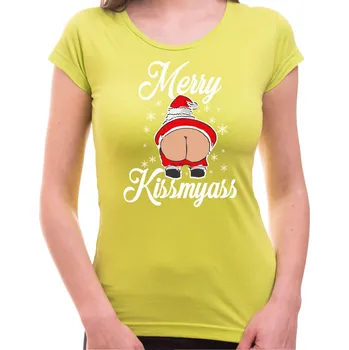Pánské oblečení Tričko - Merry kiss my ass, Barva látky Limetková zelená (Pouze Dámsky střih!), Střih Dámske trićko, Velikost Dětské 146cm/10let