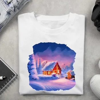 Dámské tričko Dámské tričko - Vánoční motiv domeček Barva: Bílá, Velikost: M