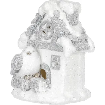 Domek keramický s ptáčkem - LED, zasněžený