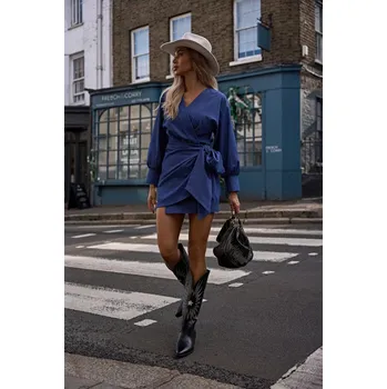Dámské šaty Zavinovací minišaty s mašlí MOE M802 modré EU velikost: S