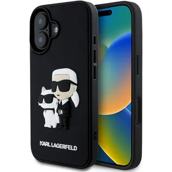 Karl Lagerfeld Ochranný kryt na iPhone 16 - Karl Lagerfeld, 3D Rubber Karl and Choupette Black KLHCP16S3DRKCNK