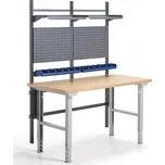 Dílenský stůl ROBUST, s panelem na nářadí, boxy a policemi, 1500x800 mm