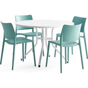Jídelní set Sestava Various + Rio, 1 stůl a 4 tyrkysové židle