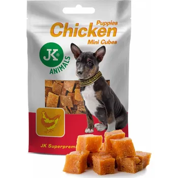 Pamlsek pro psa JK ANIMALS, Sušené kuřecí mini kostky pro štěňata, mini masový štěněcí pamlsek (Puppies Chicken Mini Cubes Meat Snack), 50 g