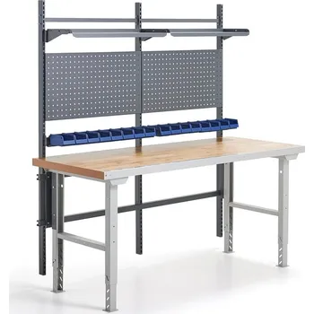 Dílenský stůl Dílenský stůl SOLID, s panelem na nářadí, boxy a policemi, 2000x800 mm, dubový povrch