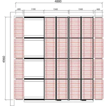 Dílenský regál Posuvné regály na pneumatiky - sestava, cca 25 m², 360 pneu, 4880x4960 mm