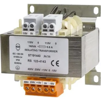 Transformátor Transformátor na lištu DIN 160VA, primární napětí: 230 → 400V ac, sekundární napětí: 2 x 115V ac, Lišta DIN, 96