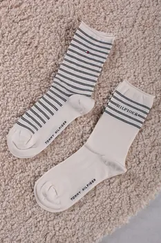 Dámské ponožky Tommy Hilfiger Smetanové vzorované ponožky Logo Stripe - dvojbalení smetanová 39/42