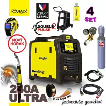Svářečka KOWAX GeniMig 240DP LCD Svařovací invertor MIG/MAG/LiftTIG/MMA SET 4 + SAMOSTMÍVACÍ KUKLA + LAHEV CO2 + VENTIL + VOZÍK