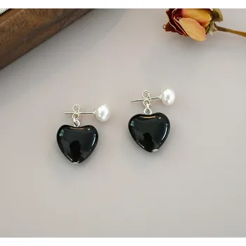 Náušnice For Silver Náušnice se sladkovodní perlou a černým achátem - Stříbro 925