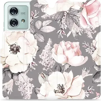 Pouzdro na mobilní telefon Flipové pouzdro Mobiwear - Motorola Edge 40 Neo - MX06S Květy na šedém pozadí (Knížkové flip pouzdro, obal, kryt na mobil Motorola Edge 40 Neo - MX06S Květy na šedém pozadí, materiál Umělá kůže + TPU - ochrana 360°, stojánek, silikonová vanička, magnetick