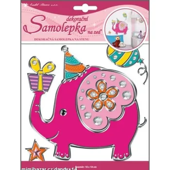 Samolepící dekorace Samolepky na zeď slon se stříbrnou konturou a kamínky plastický, 24x18cm